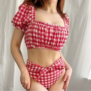 Montce Swim NWT Marcella Red and White Gingham Crop Top Paula Tie Front Bottom M